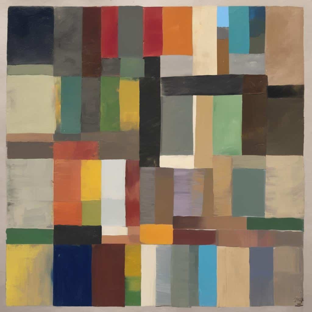 Ζωγραφιά με αφηρημένα πολύχρωμα γεωμετρικά σχήματα και υφές, εμπνευσμένη από το εσωτερικό τοπίο και την ανάπτυξη προσωπικού χώρου.