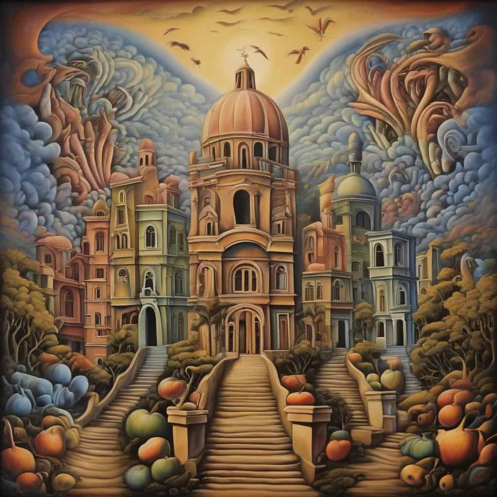 Χρώματα, ονειρικά τοπία, εσωτερική αναπαράσταση, φανταστική αρχιτεκτονική, καλλιτεχνική φαντασία, λογαριασμοί ζωής, πορτρέτα, τοπίο μεταμόρφωσης, πίνακας τέχνης.