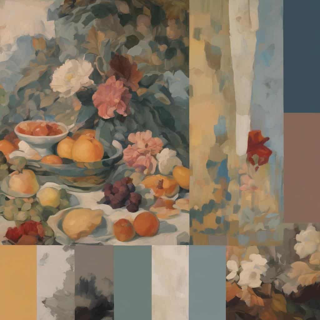 φυσικό τοπίο και εσωτερική αναπαράσταση, ελαιογραφία φρούτων και λουλουδιών, ρεαλιστική εικαστική παράσταση, συμμετρία και χρώματα.