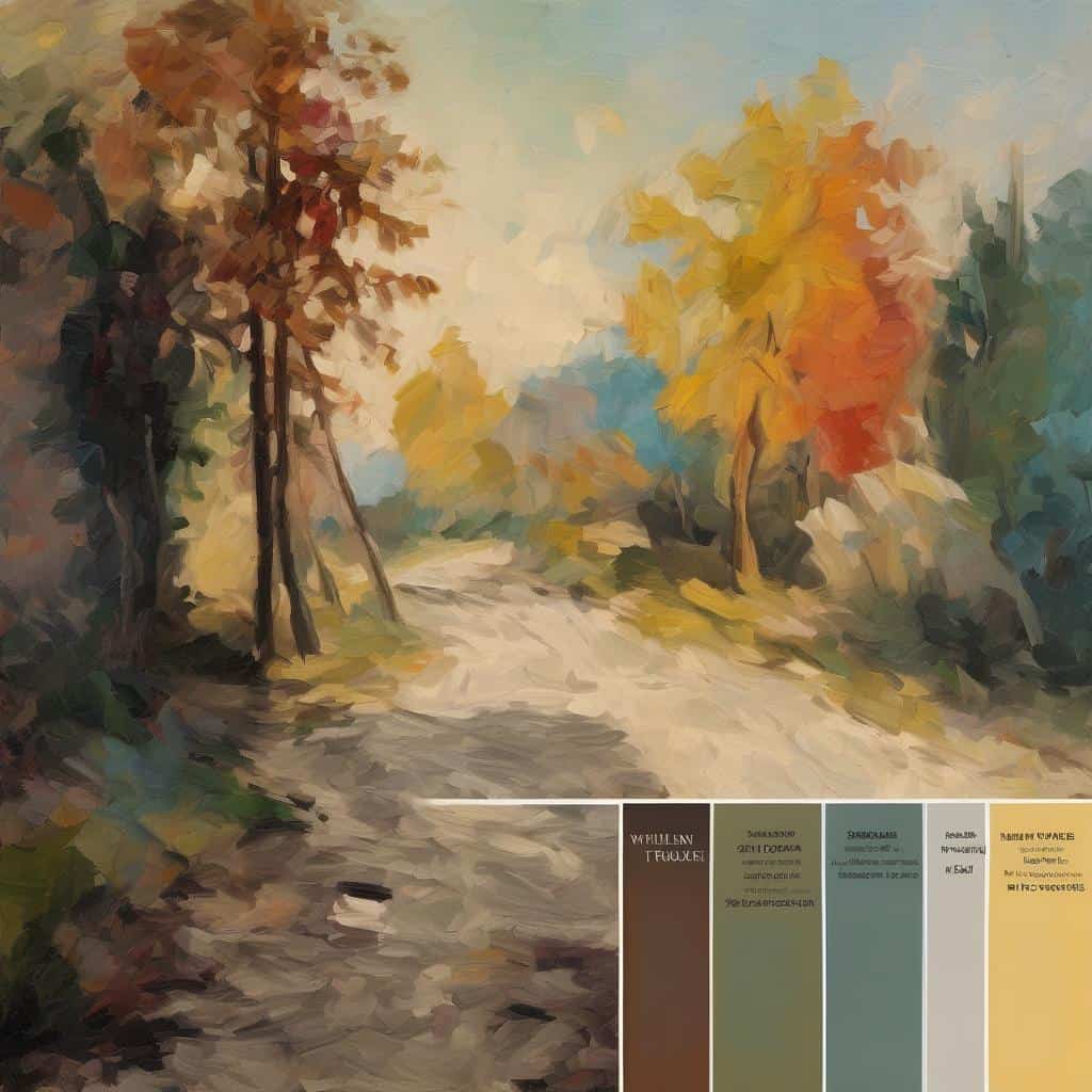 Οπτικό τοπίο με έντονα φθινοπωρινά χρώματα σε ζωγραφική ελαιογραφία, αναπαριστώντας εσωτερική εσωτερική απεικόνιση τοπίου.