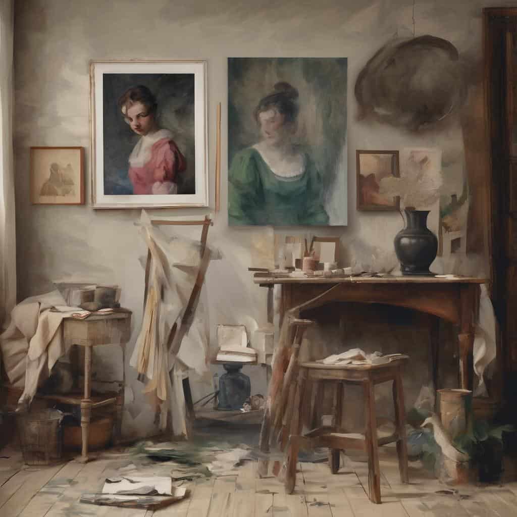 Ζωγραφικό στούντιο με καμβά και πίνακες, εσωτερική τέχνη, δημιουργικό περιβάλλον, τέχνη και καλλιτεχνικό εργαστήριο.