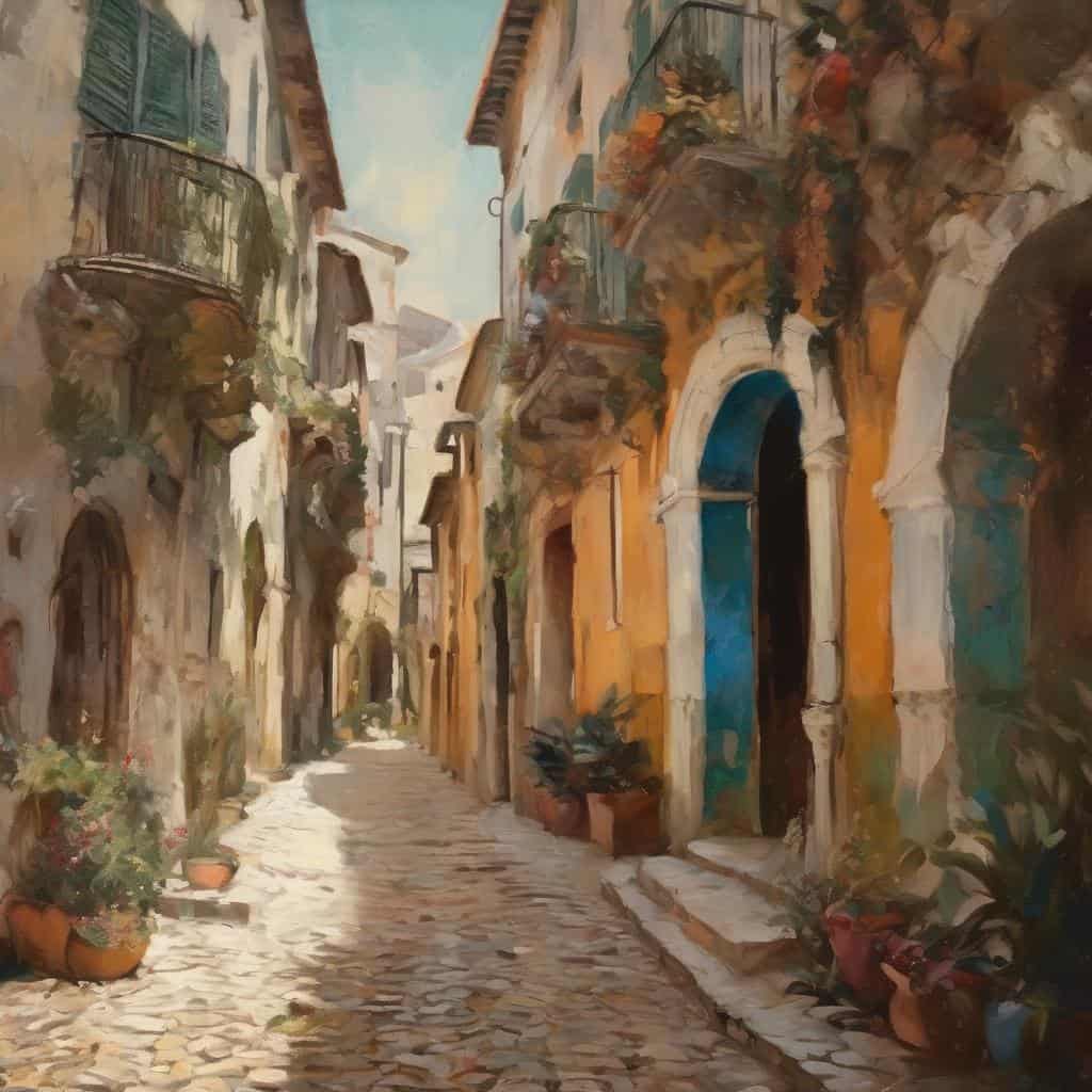 Αρχαία πλακόστρωτη γειτονιά με πολύχρωμα σπίτια και μπαλκόνια, εσωτερική αναπαράσταση τοπίου σε ζωγραφική.